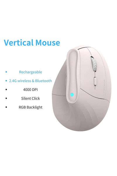 Choice ماوس عمودي لاسلكي من كيسونا، وردي اللون، قابل لإعادة الشحن، بلوتوث، مريح، RGB، قابل لإعادة الشحن، 4000 نقطة في البوصة، 6 أوضاع كتم الصوت