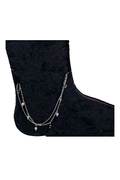 Bijutek Gümüş Çift Zincir Renkli Taşlı Kadın Paslanmaz Çelik Halhal