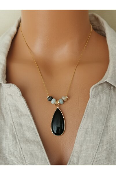 LemaStone قلادة سلسلة من الفولاذ باللون الذهبي مع حجر أمازونيتي وقلادة من العقيق