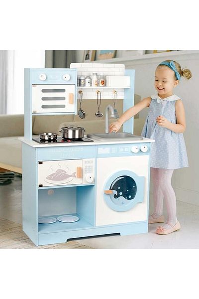 Star Kids New Classic Blue Kitchen Playset, Wooden Pretend Play Kitchen with Imitation Water Tap for Kids
