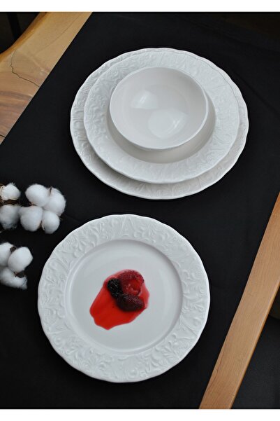 Qualitev Lilyum 24 Parça Porselen Kabartma Yemek Takımı 6 Kişilik