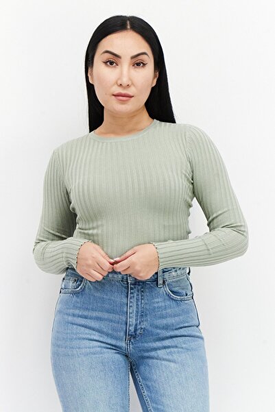 Brave Soul Women Crew Neck Long Sleeve Ribbed Top, Sage Green