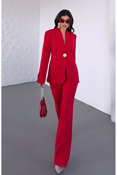 pembekurdelem Kadın Gold Düğmeli Ceket Pantolon Takım Kırmızı