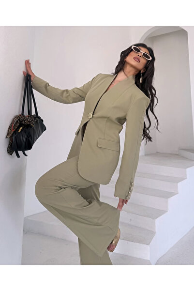 pembekurdelem Kadın Gold Düğmeli Ceket Pantolon Takım Haki