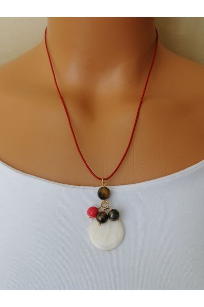 LemaStone Red Leather Necklace with Natural Stones,Bracelet;Tiger Eye,Pirit,Hematite,Variscite and Mother of Pearl Stone.