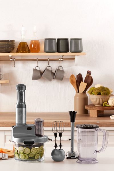 Karaca Mastermaid Prosteel Küchenmaschine aus Glas, lange Standfüße, 6 Klingen, 2500 W, Galaxy Grey