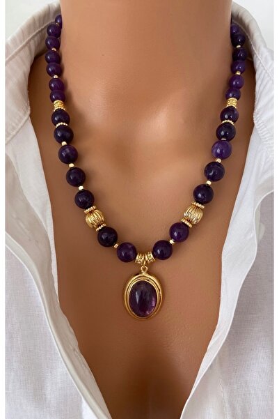 TARZ-I TAKI Doğal Taş Mor Ametist Taşı Altın Kaplama Çerçeveli Doğal Taş Kolye Ucu Tasarım Kadın Kolye Hediye