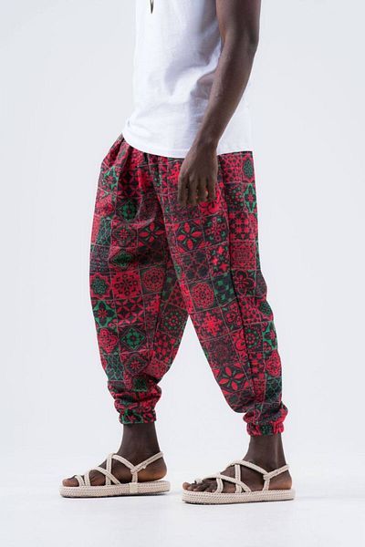 SUPERBLUE Unisex Etkink Pattern Summer Wrap Pleated Baggy Trousers