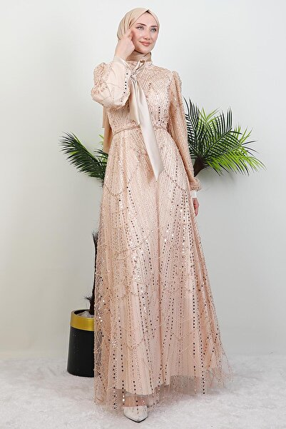 GİYZAMİLA Kol Ucu Saten Abiye Gold