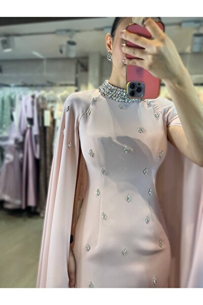 Hanımefendi Giyim Taş Detaylı Pelerinli Abiye Elbise | Asaletin Tanımı