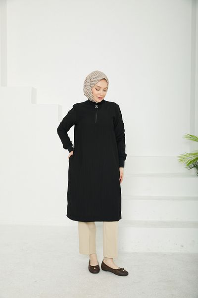Armine Trend New Season Half Zippered Tunik with Ribbed Sleeves and Collar Modaayka