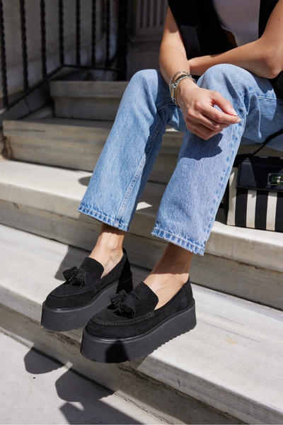 ANGELİNA JONES AJAX KADIN SİYAH GERCEK SUET PUSKULLU 5 CM EVA TABAN LOAFER