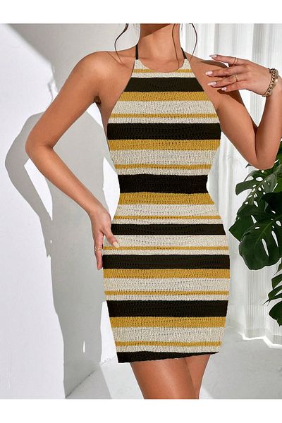 my cherie Back Low-Cut Knitwear Striped Mini Dress