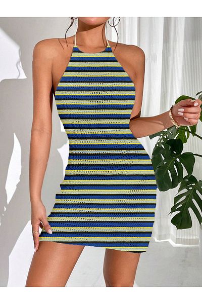 my cherie Back Low-Cut Knitwear Striped Mini Dress