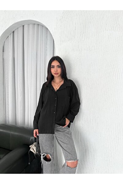 Coşkun GİYİM Kadın Tek Cep Modal Oversize Gömlek SİYAH 2370