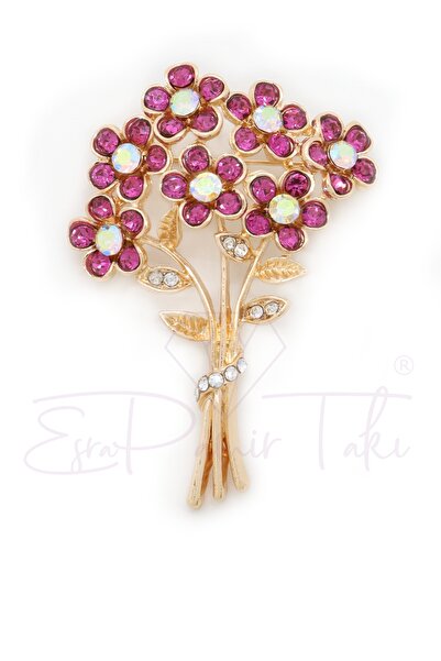 Esra Pamir Altın Renk ve Pembe Taşlı Çiçek Demeti Broş