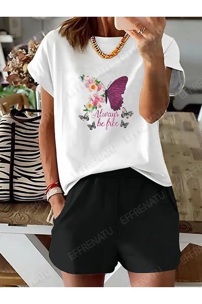 EFFRENATU Available in Plus Sizes Cute Pattern Black and White T-Shirt and Shorts Set