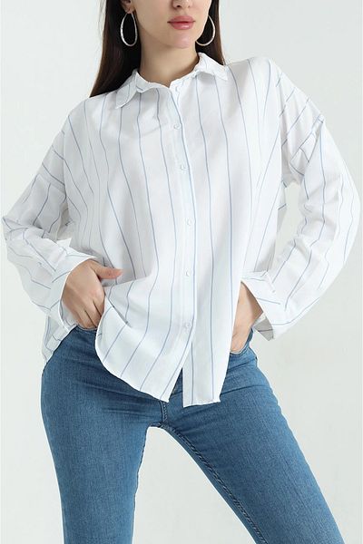 Coşkun GİYİM Cămașă oversize țesută cu nervuri pentru femei ALBASTRU 24246