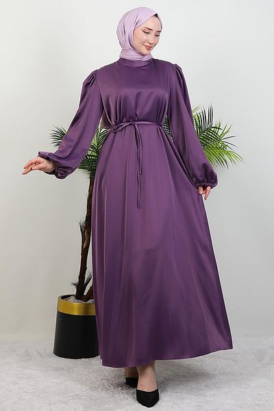 GİYZAMİLA Dark Lilac Satin Dress with Thin Belt