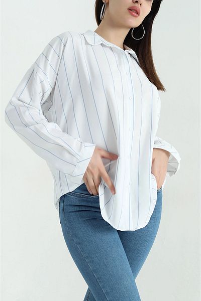 Coşkun GİYİM Cămașă oversize țesută cu nervuri pentru femei ALBASTRU 24246