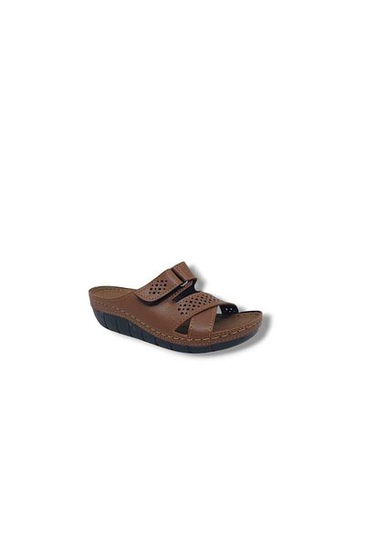 Zerhan 2354 Women's Tan Velcro Daily Use Wedge Heel Slippers