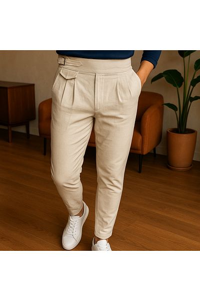 town walker Men's Italian Buckle Raw Linen Fabric Trousers Old Money