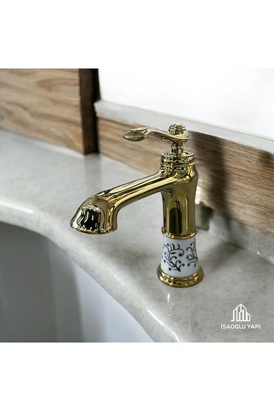 İSAOĞLU YAPI Gold Vintage Sink Faucet Porcelain Design Brass Armature 5 Years Warranty
