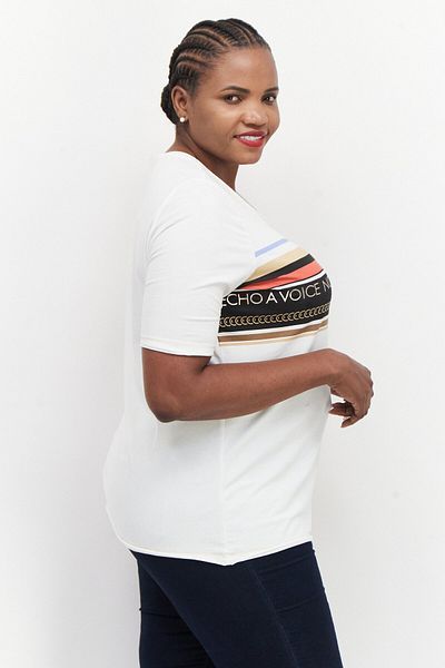 Samoon Women Round Neck Short Sleeves Graphic Printed T Shirt, White Combo