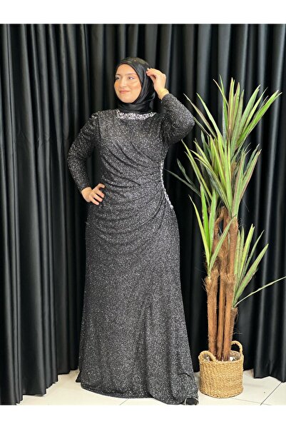 Butik büyük beden Kendinden Simli Yanı Taşlı Lüks Abiye