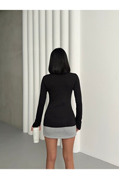 Lunamiratto Жіночий чорно-білий боді з довгими рукавами та пальцями, що проходять крізь пальці, з деталями на пальцях