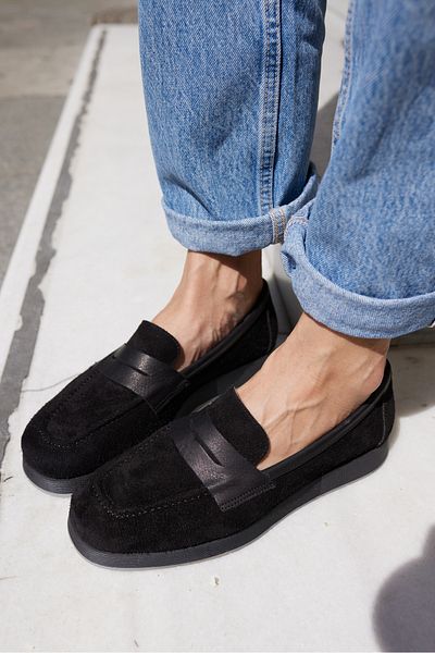 ANGELİNA JONES Monti̇ Women's Black Real Suede Loafers Shoes