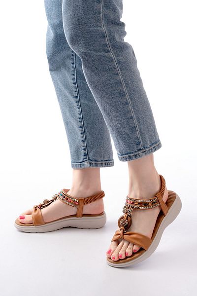 serkanseyyid Dm-608 Tan Stone Back Elastic Daily Women's Sandals