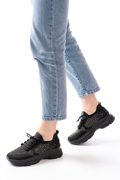 İnfon Ayakkabı Marketi Sports Shoes 3002 Black Lace-Up Mesh Casual Sports Shoes with Stone Accessories