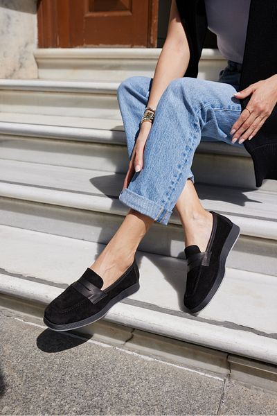 ANGELİNA JONES Monti̇ Women's Black Real Suede Loafers Shoes