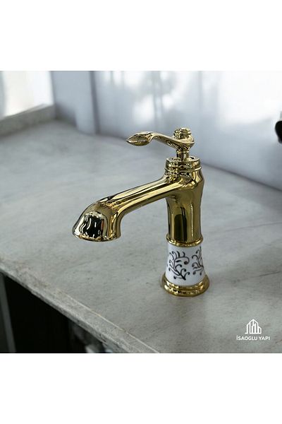 İSAOĞLU YAPI Gold Vintage Sink Faucet Porcelain Design Brass Armature 5 Years Warranty