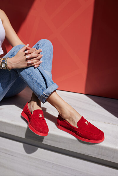 ANGELİNA JONES Lugo Women's Red Real Suet Loafer Shoes