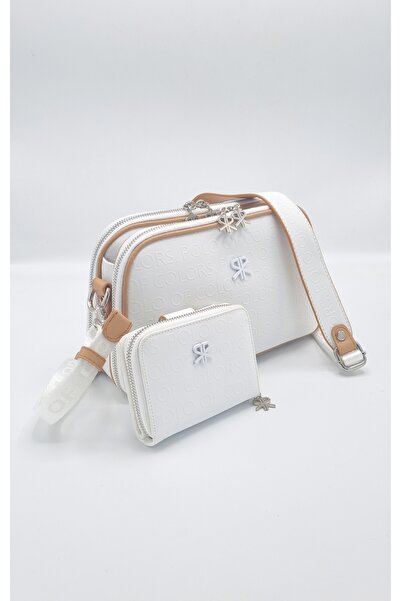 Polo Of Colors Women's White Two-Strap 4-Compartment Bag and Wallet Combinati...