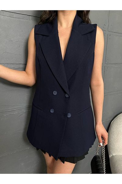 Stil Sepeti Women's Navy Blue Premium Double Breasted Collar Lined Long Blazer Vest Drl- 100078520