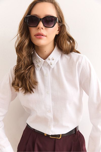 Olalook Women's White Collar Stone and Sequin Detailed Flam Linen Shirt Gml-19001321