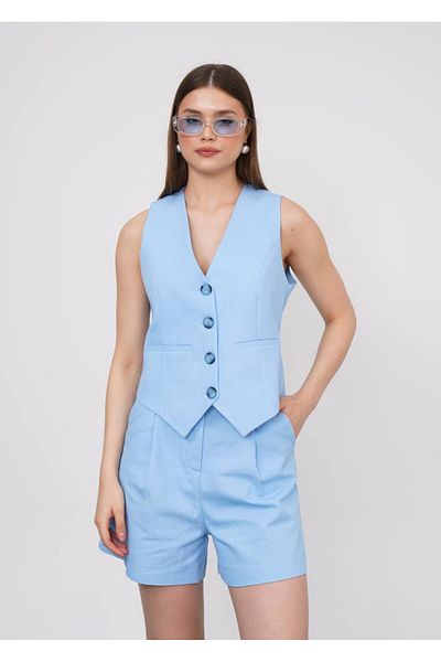 stilsepeti Women's Blue V-Neck Vest Double Pleated Mini Shorts Suit Tl- 100030036