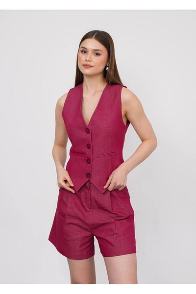 stilsepeti Women's Burgundy V-Neck Vest Double Pleated Mini Shorts Suit Tl- 100030036