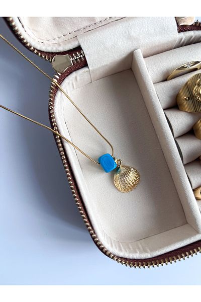 Miltonia Sea Shell Blue Glass Beads Steel Necklace