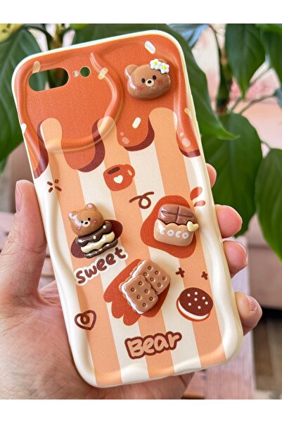 Fibaks iPhone 7 / 8 Plus Case Designed Patterned Camera Protection Teddy Bear Biscuit Colored Coffee Silicone