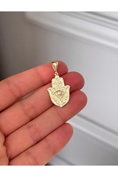 emy by emel luxury silver jewelry Altın Kaplama İncili Fatma Ana Eli Kolye Uc...