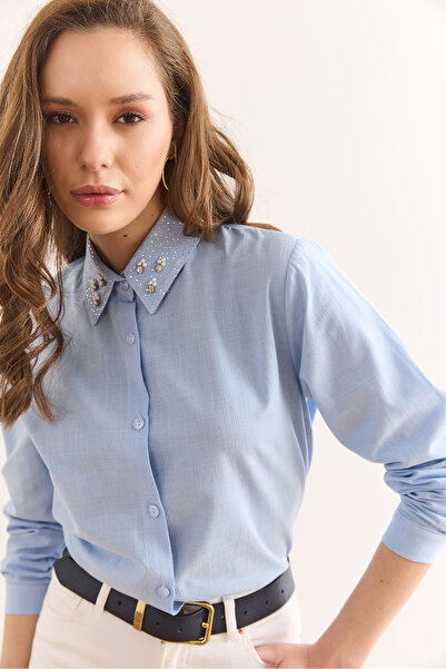 Olalook Women's Baby Blue Collar Stone and Sequin Detailed Flam Linen Shirt Gml-19001321