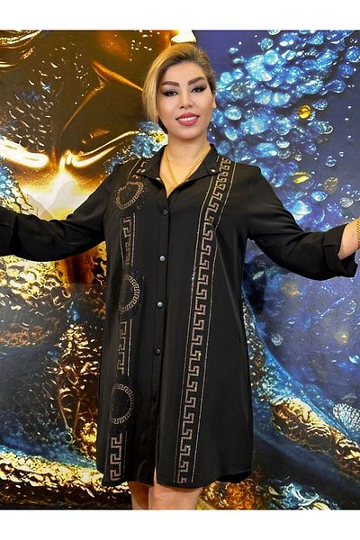 Yeşilmoda Tunic,Man's Collar,Buttons,Crepe Fabric,Casual,Embroidered with Stones,High Quality,Black,Long Sleeve