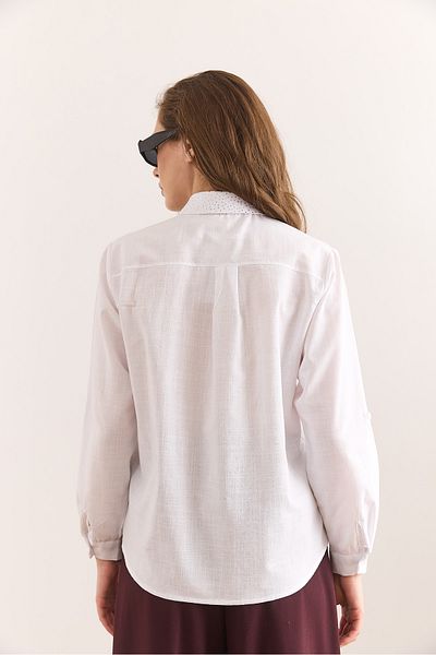 Olalook Women's White Collar Stone and Sequin Detailed Flam Linen Shirt Gml-19001321