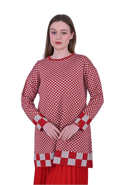 Invee Invee 6873 Cube Pattern Red Knitwear Tunic