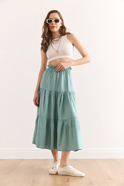 Olalook Women's Mint Green Layered Flowy Midi Woven Skirt Etk-19000313