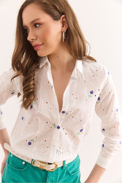 Olalook Cămașă de damă, albă, mov, florală, din bumbac, cu scoici GML-19001326